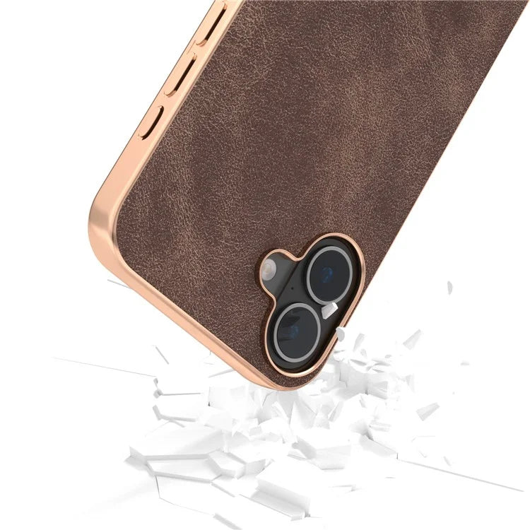 For iPhone 16 Plus Case Electroplating PC Leather Shockproof Back Cover
