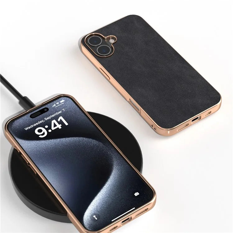 For iPhone 16 Plus Case Electroplating PC Leather Shockproof Back Cover
