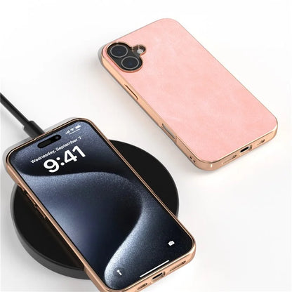 For iPhone 16 Plus Case Electroplating PC Leather Shockproof Back Cover
