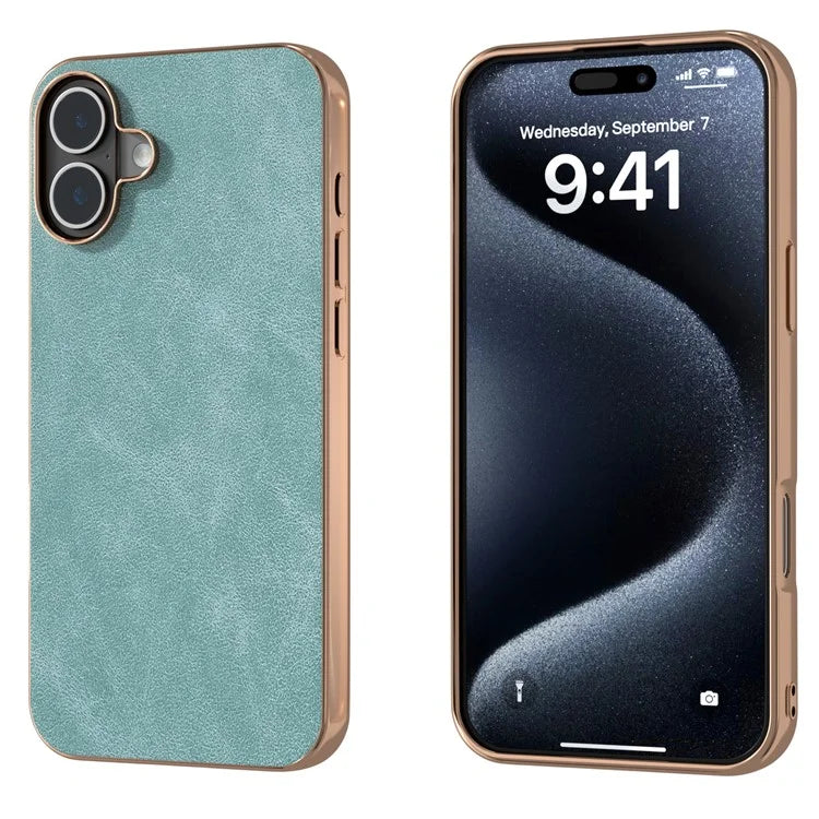 For iPhone 16 Plus Case Electroplating PC Leather Shockproof Back Cover
