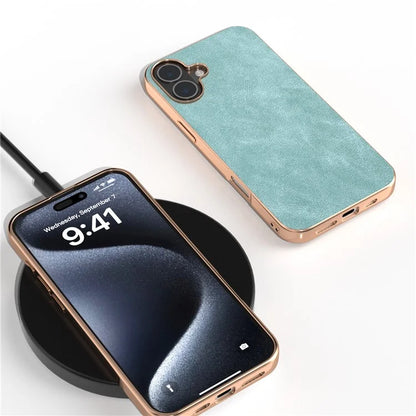 For iPhone 16 Plus Case Electroplating PC Leather Shockproof Back Cover