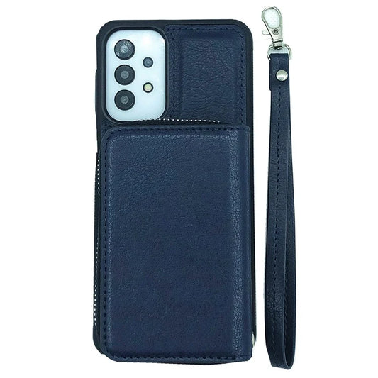 For Samsung Galaxy A53 5G Case Detachable Zipper Card Bag PU+TPU Kickstand Phone Case with Strap