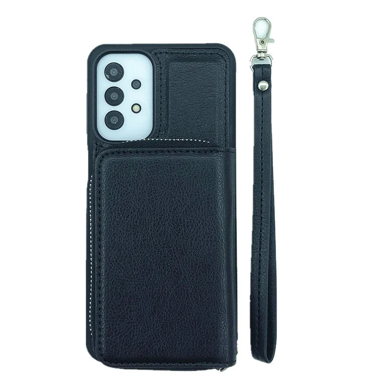 For Samsung Galaxy A53 5G Case Detachable Zipper Card Bag PU+TPU Kickstand Phone Case with Strap
