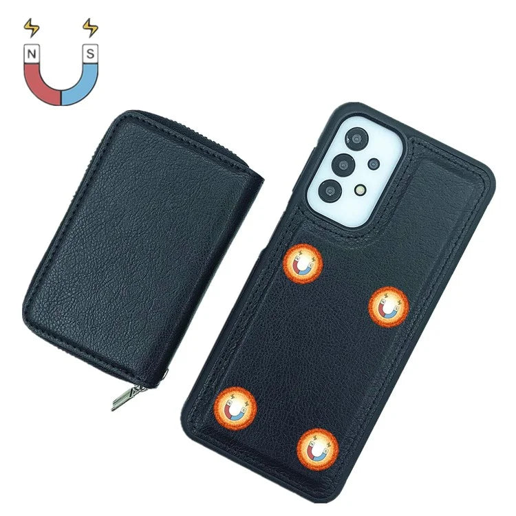 For Samsung Galaxy A53 5G Case Detachable Zipper Card Bag PU+TPU Kickstand Phone Case with Strap