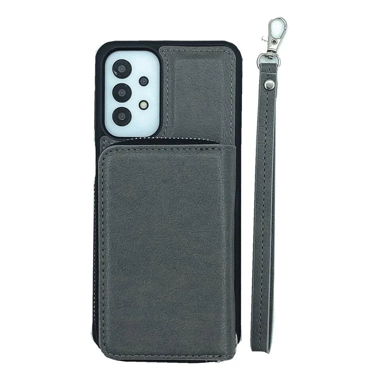 For Samsung Galaxy A53 5G Case Detachable Zipper Card Bag PU+TPU Kickstand Phone Case with Strap