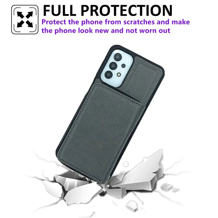 For Samsung Galaxy A53 5G Case Detachable Zipper Card Bag PU+TPU Kickstand Phone Case with Strap