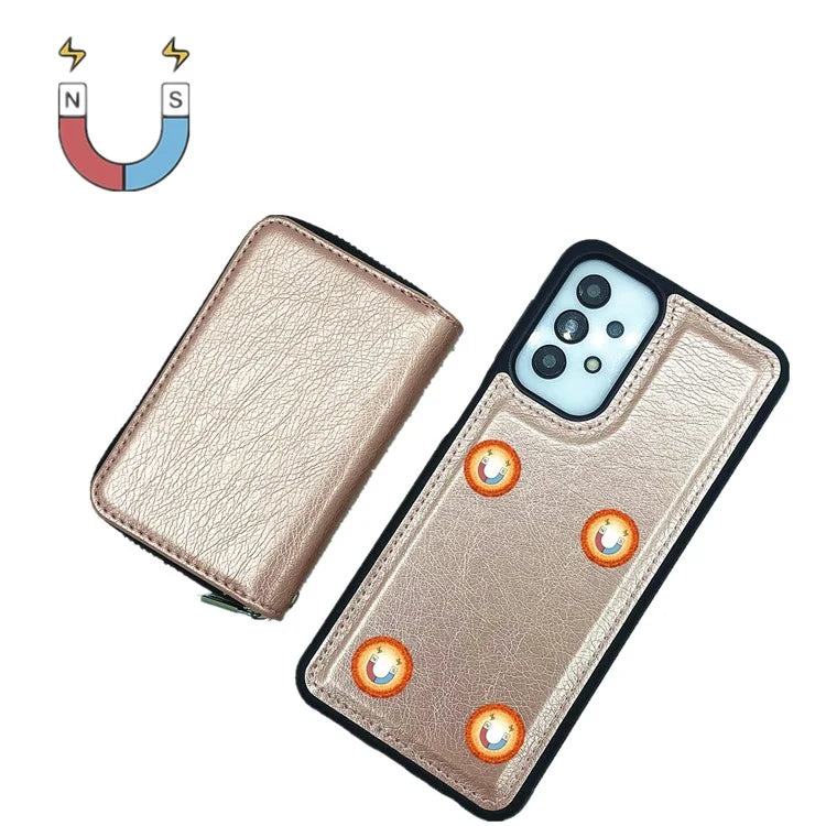 For Samsung Galaxy A53 5G Case Detachable Zipper Card Bag PU+TPU Kickstand Phone Case with Strap