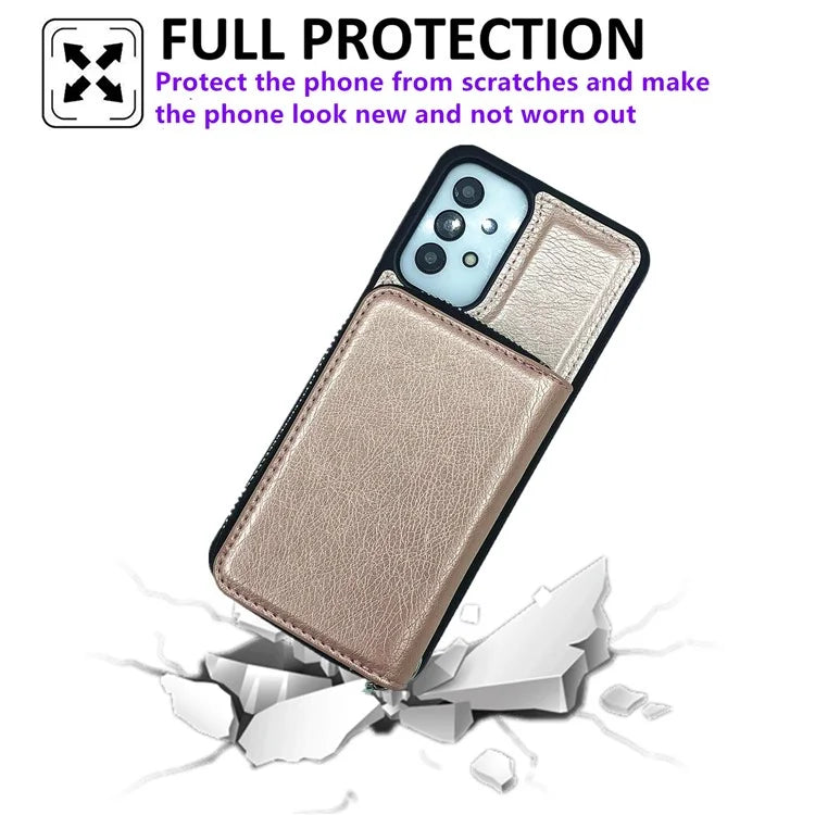 For Samsung Galaxy A53 5G Case Detachable Zipper Card Bag PU+TPU Kickstand Phone Case with Strap