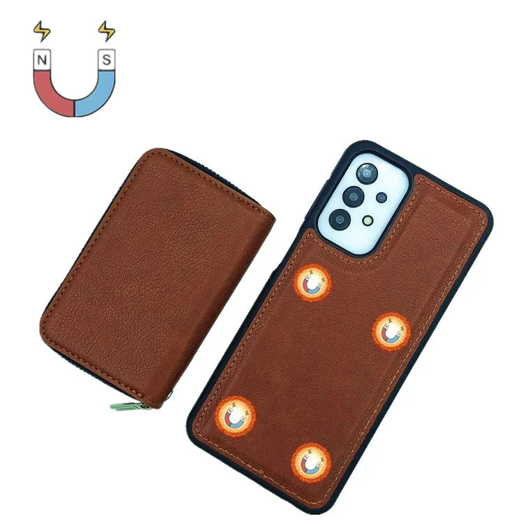 For Samsung Galaxy A53 5G Case Detachable Zipper Card Bag PU+TPU Kickstand Phone Case with Strap