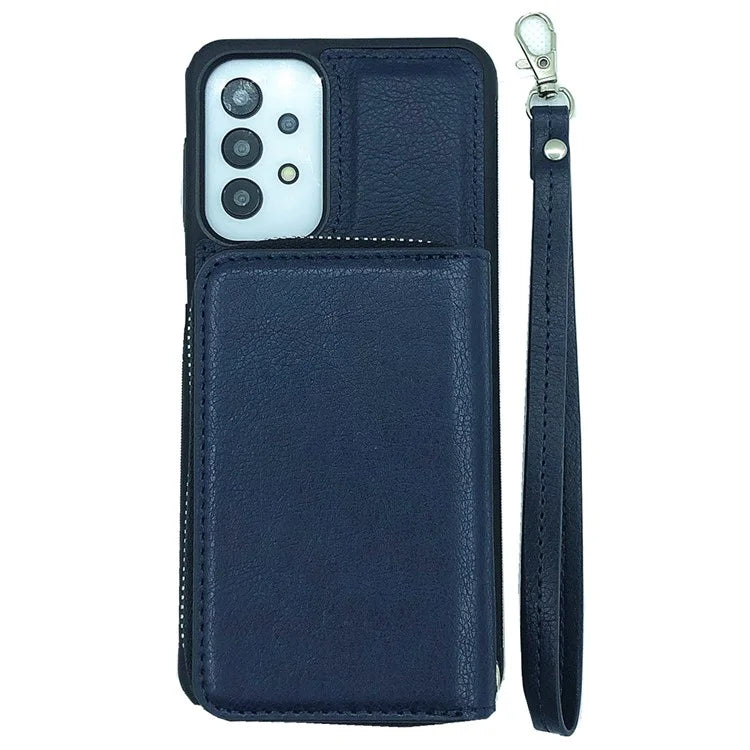 For Samsung Galaxy A33 5G Case Detachable Zipper Card Bag PU+TPU Kickstand Phone Case with Strap