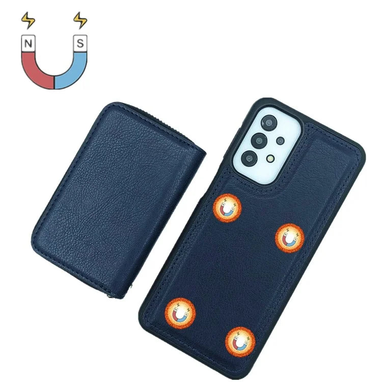 For Samsung Galaxy A33 5G Case Detachable Zipper Card Bag PU+TPU Kickstand Phone Case with Strap
