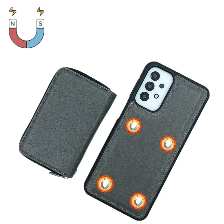 For Samsung Galaxy A33 5G Case Detachable Zipper Card Bag PU+TPU Kickstand Phone Case with Strap