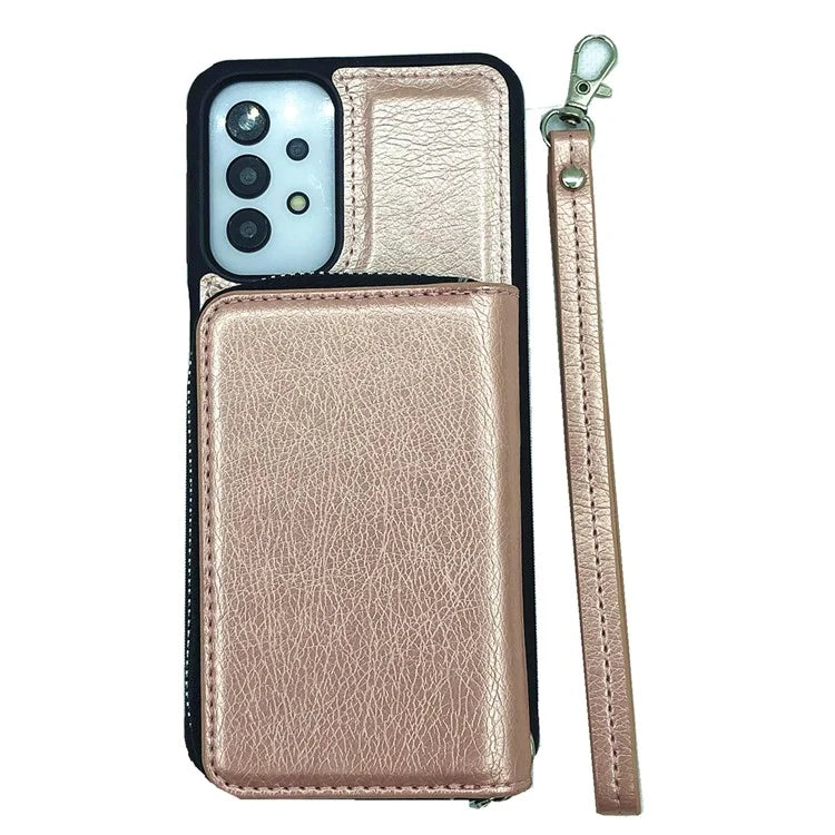 For Samsung Galaxy A33 5G Case Detachable Zipper Card Bag PU+TPU Kickstand Phone Case with Strap