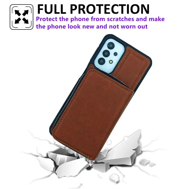 For Samsung Galaxy A33 5G Case Detachable Zipper Card Bag PU+TPU Kickstand Phone Case with Strap