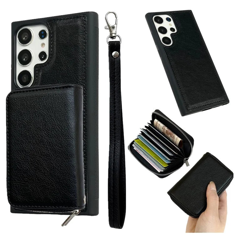 For Samsung Galaxy S24 Ultra Case Detachable Zipper Card Bag PU+TPU Kickstand Phone Case with Strap