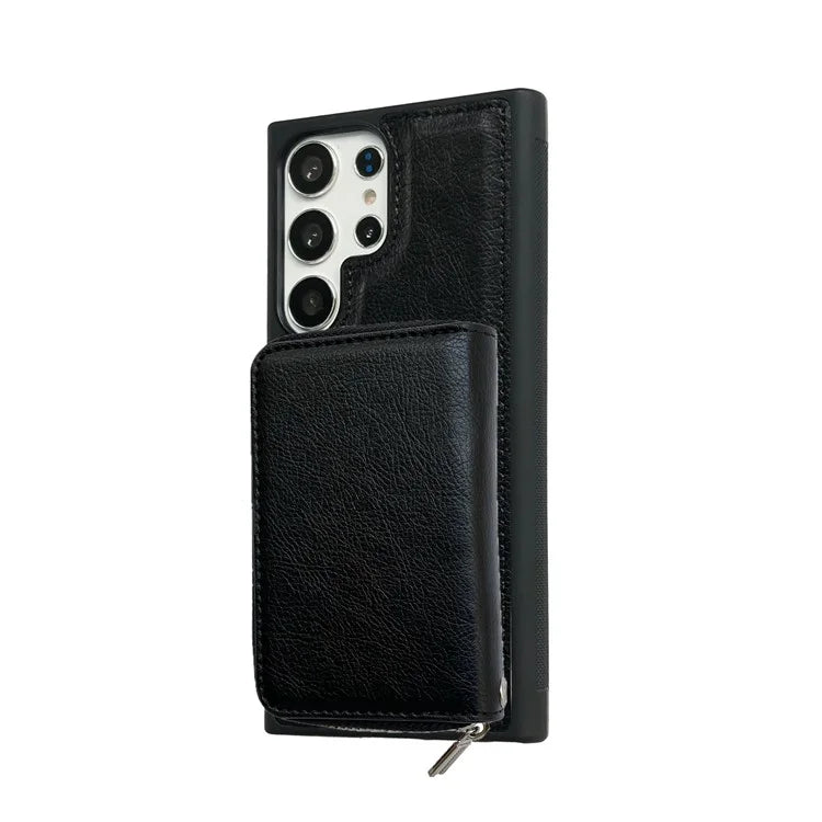For Samsung Galaxy S24 Ultra Case Detachable Zipper Card Bag PU+TPU Kickstand Phone Case with Strap
