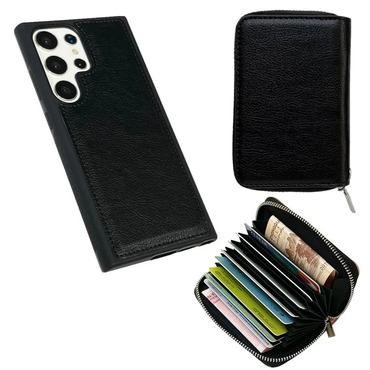 For Samsung Galaxy S24 Ultra Case Detachable Zipper Card Bag PU+TPU Kickstand Phone Case with Strap