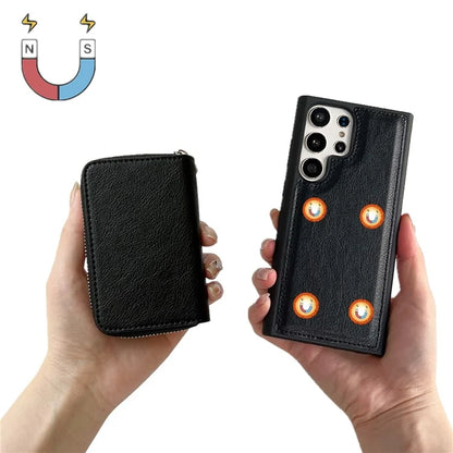 For Samsung Galaxy S24 Ultra Case Detachable Zipper Card Bag PU+TPU Kickstand Phone Case with Strap