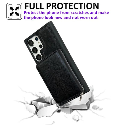 For Samsung Galaxy S24 Ultra Case Detachable Zipper Card Bag PU+TPU Kickstand Phone Case with Strap