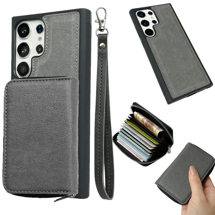 For Samsung Galaxy S24 Ultra Case Detachable Zipper Card Bag PU+TPU Kickstand Phone Case with Strap