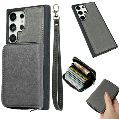 For Samsung Galaxy S24 Ultra Case Detachable Zipper Card Bag PU+TPU Kickstand Phone Case with Strap