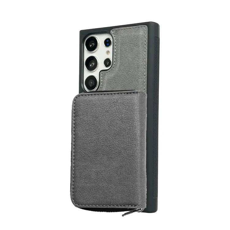 For Samsung Galaxy S24 Ultra Case Detachable Zipper Card Bag PU+TPU Kickstand Phone Case with Strap