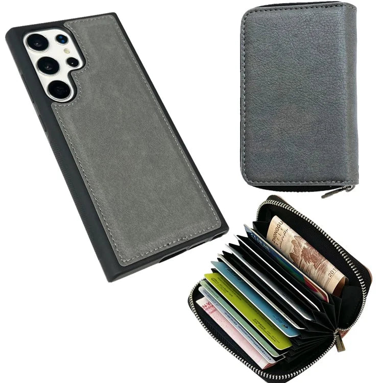 For Samsung Galaxy S24 Ultra Case Detachable Zipper Card Bag PU+TPU Kickstand Phone Case with Strap