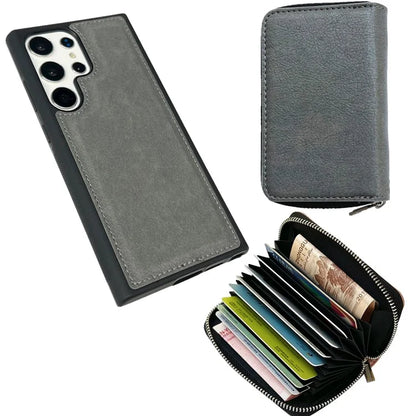 For Samsung Galaxy S24 Ultra Case Detachable Zipper Card Bag PU+TPU Kickstand Phone Case with Strap