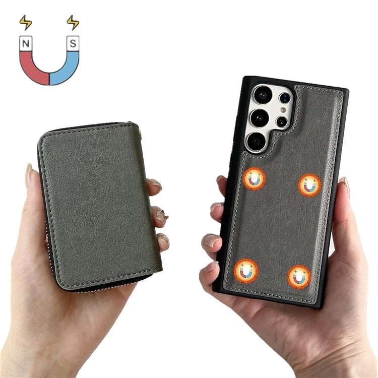 For Samsung Galaxy S24 Ultra Case Detachable Zipper Card Bag PU+TPU Kickstand Phone Case with Strap
