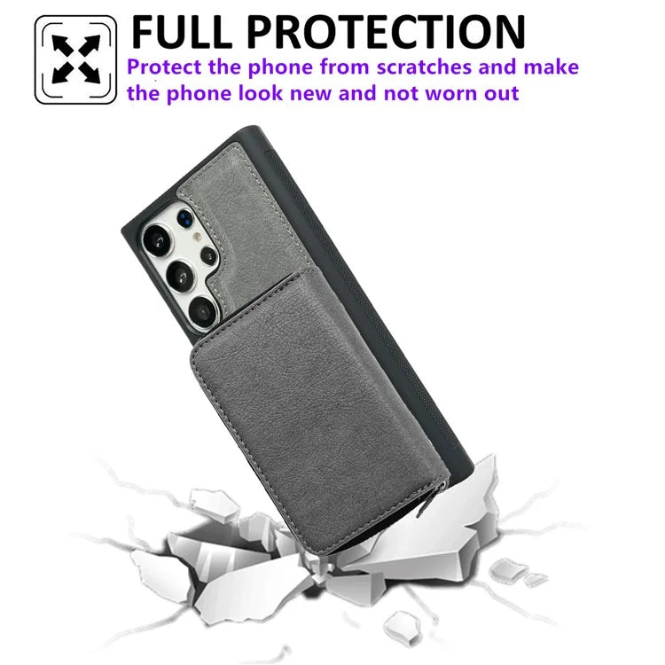 For Samsung Galaxy S24 Ultra Case Detachable Zipper Card Bag PU+TPU Kickstand Phone Case with Strap