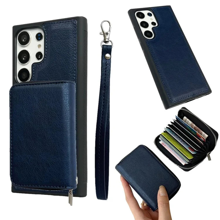 For Samsung Galaxy S24 Ultra Case Detachable Zipper Card Bag PU+TPU Kickstand Phone Case with Strap