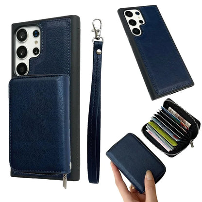 For Samsung Galaxy S24 Ultra Case Detachable Zipper Card Bag PU+TPU Kickstand Phone Case with Strap