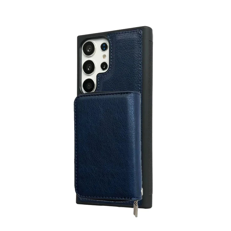 For Samsung Galaxy S24 Ultra Case Detachable Zipper Card Bag PU+TPU Kickstand Phone Case with Strap