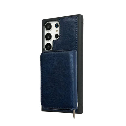For Samsung Galaxy S24 Ultra Case Detachable Zipper Card Bag PU+TPU Kickstand Phone Case with Strap