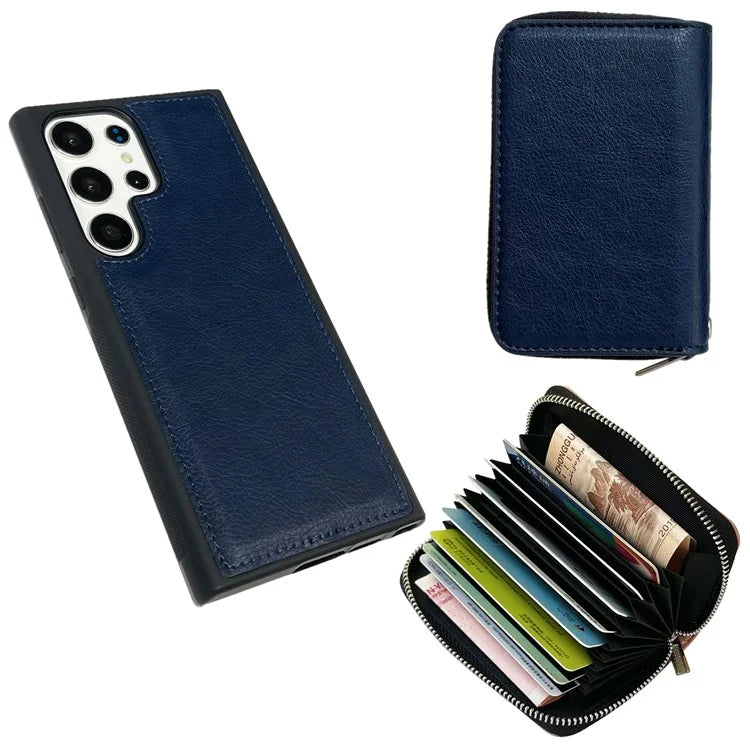 For Samsung Galaxy S24 Ultra Case Detachable Zipper Card Bag PU+TPU Kickstand Phone Case with Strap