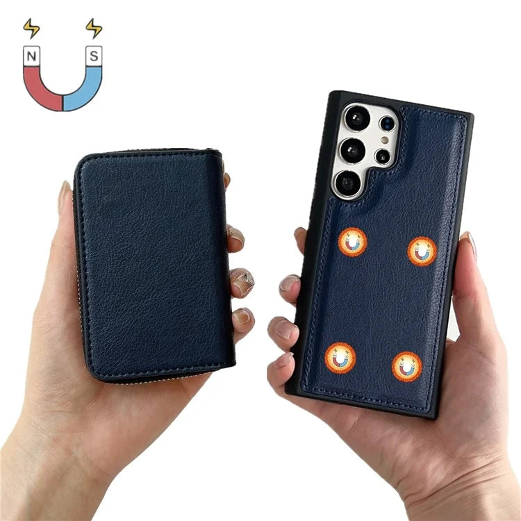 For Samsung Galaxy S24 Ultra Case Detachable Zipper Card Bag PU+TPU Kickstand Phone Case with Strap