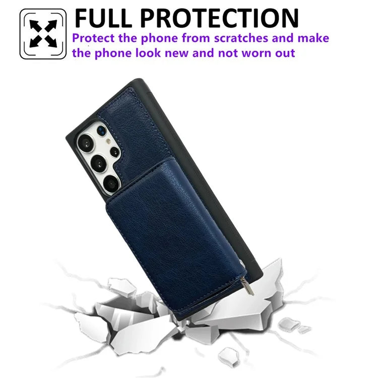 For Samsung Galaxy S24 Ultra Case Detachable Zipper Card Bag PU+TPU Kickstand Phone Case with Strap