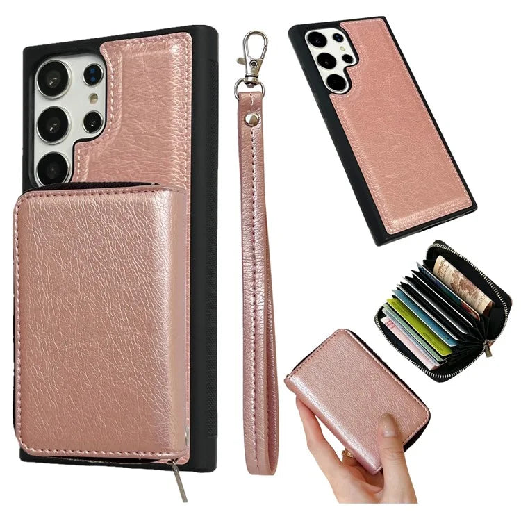 For Samsung Galaxy S24 Ultra Case Detachable Zipper Card Bag PU+TPU Kickstand Phone Case with Strap