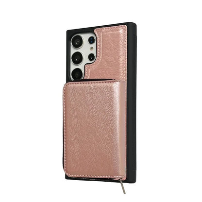 For Samsung Galaxy S24 Ultra Case Detachable Zipper Card Bag PU+TPU Kickstand Phone Case with Strap