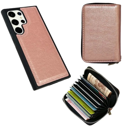 For Samsung Galaxy S24 Ultra Case Detachable Zipper Card Bag PU+TPU Kickstand Phone Case with Strap