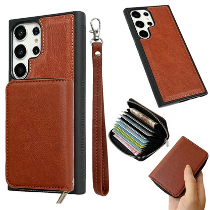 For Samsung Galaxy S24 Ultra Case Detachable Zipper Card Bag PU+TPU Kickstand Phone Case with Strap
