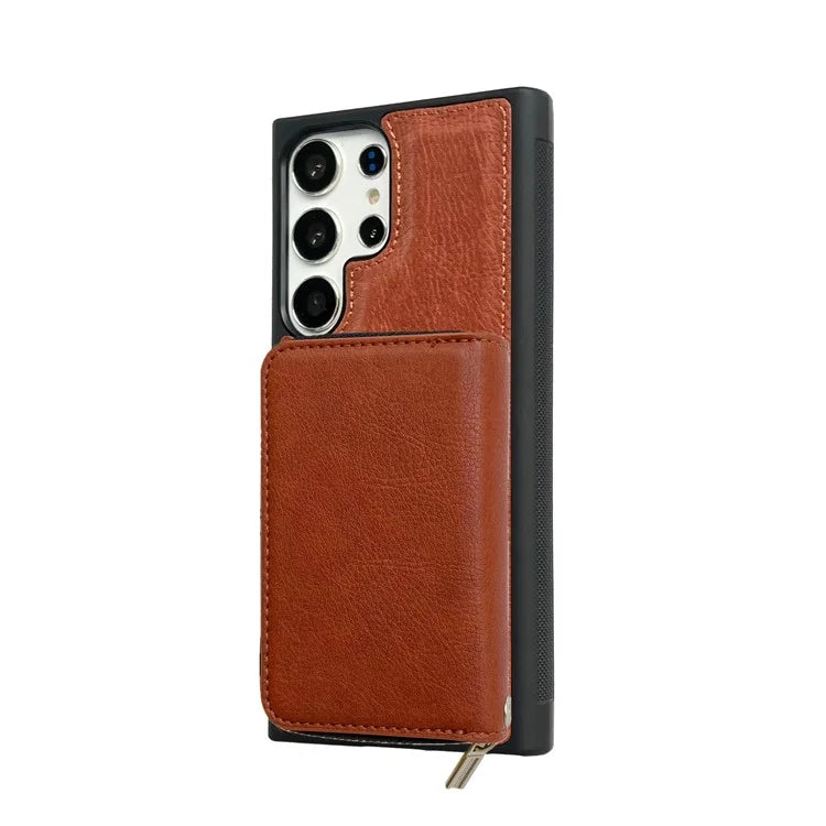 For Samsung Galaxy S24 Ultra Case Detachable Zipper Card Bag PU+TPU Kickstand Phone Case with Strap