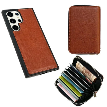 For Samsung Galaxy S24 Ultra Case Detachable Zipper Card Bag PU+TPU Kickstand Phone Case with Strap