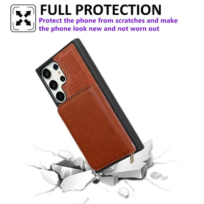 For Samsung Galaxy S24 Ultra Case Detachable Zipper Card Bag PU+TPU Kickstand Phone Case with Strap