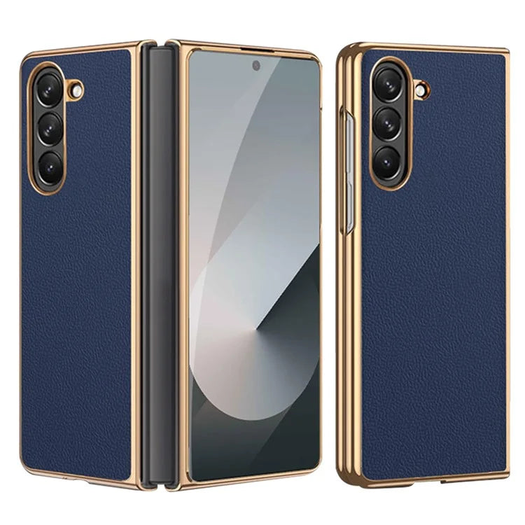 For Samsung Galaxy Z Fold6 5G Case Electroplating Frame PU Leather+PC Phone Cover