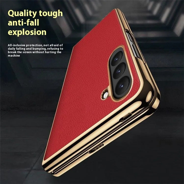 For Samsung Galaxy Z Fold6 5G Case Electroplating Frame PU Leather+PC Phone Cover