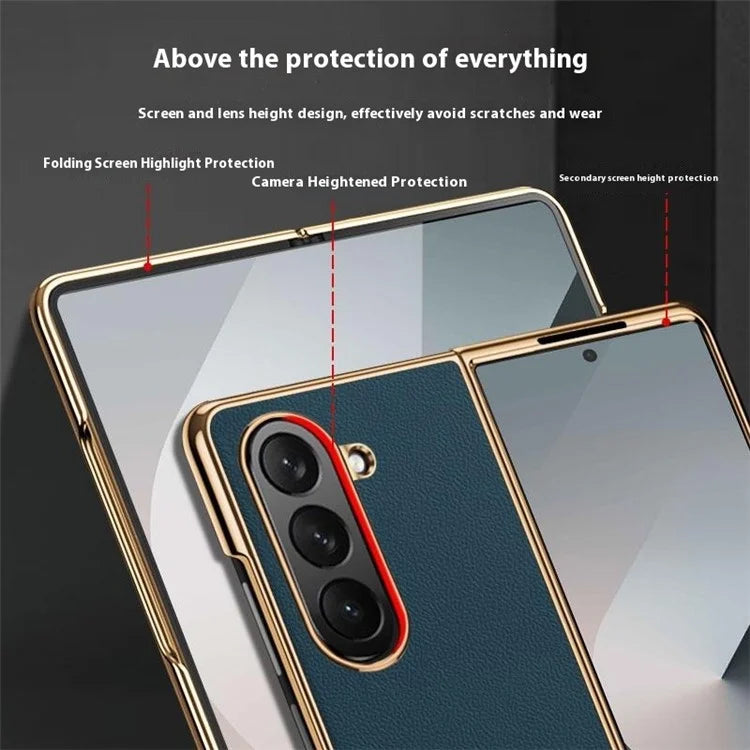 For Samsung Galaxy Z Fold6 5G Case Electroplating Frame PU Leather+PC Phone Cover