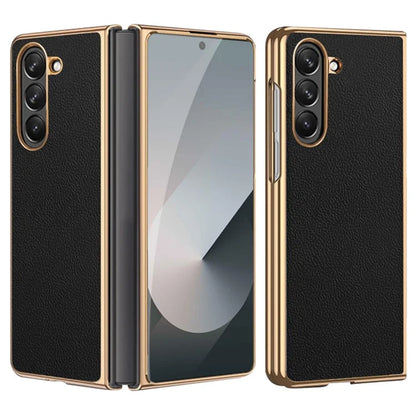 For Samsung Galaxy Z Fold6 5G Case Electroplating Frame PU Leather+PC Phone Cover