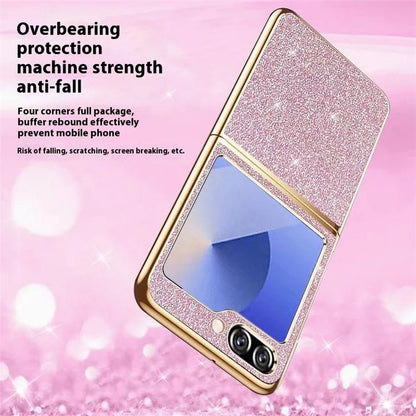 For Samsung Galaxy Z Flip6 5G Case Leather+PC Electroplating Glitter Phone Cover