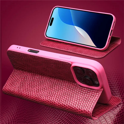 QIALINO For iPhone 16 Pro Max Wallet Case Crocodile Texture Genuine Cow Leather Anti-Drop Phone Cover